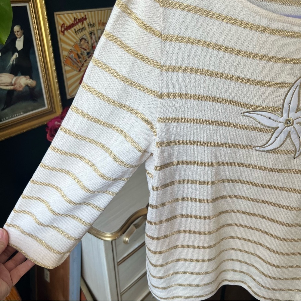 St. John Starfish Gold Striped Sweater Knit Top Medium - Picture 6 of 7